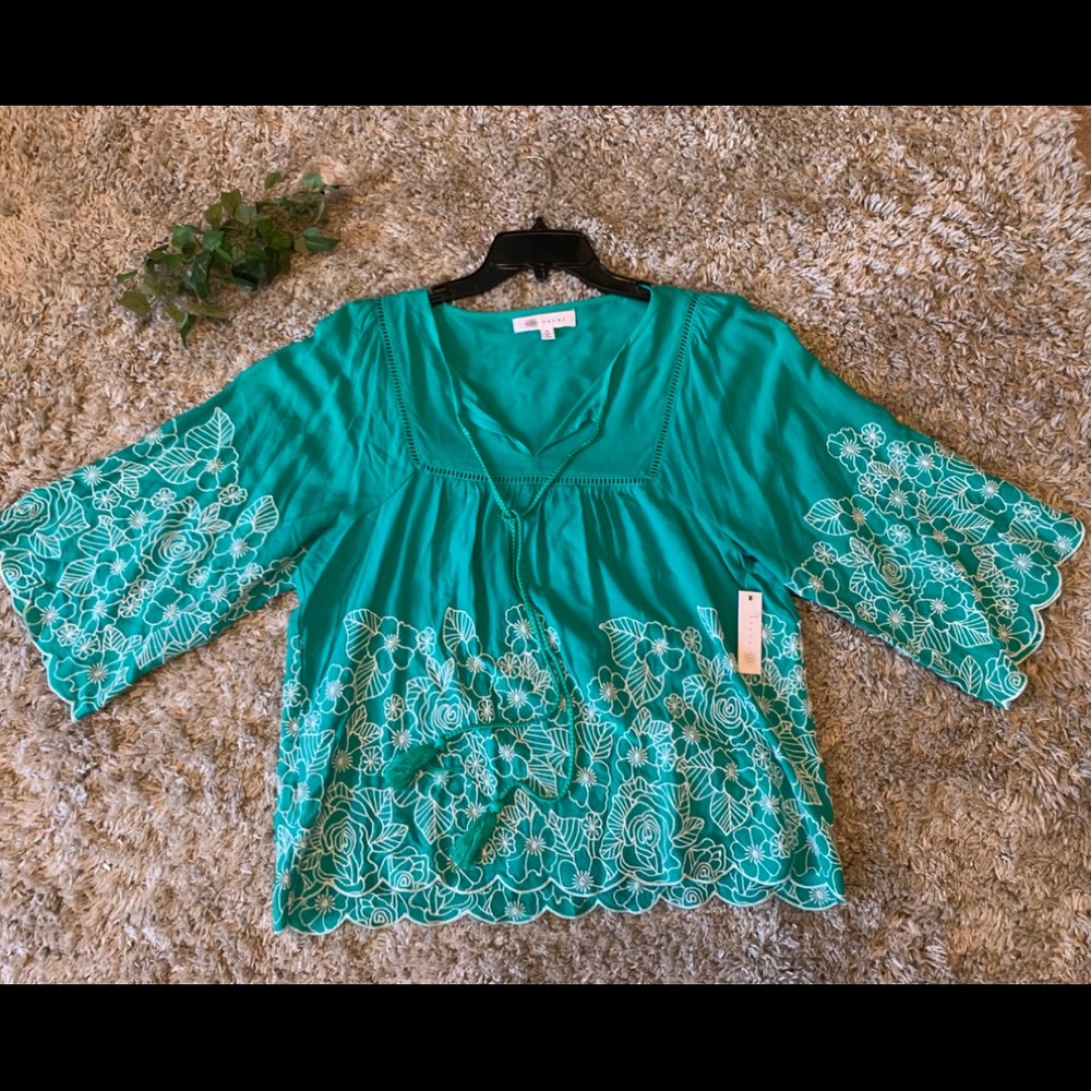 Fever Turquoise Tie Neck Boho Blouse